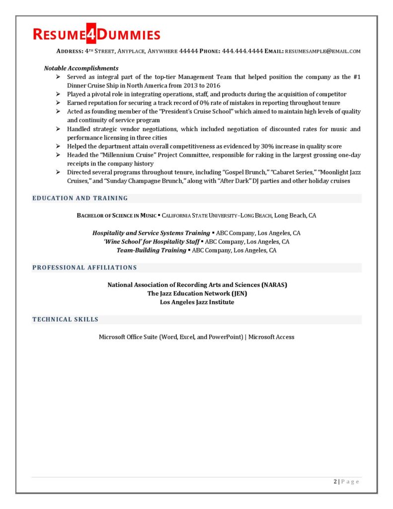 Entertainment Director Resume Example | Resume4Dummies