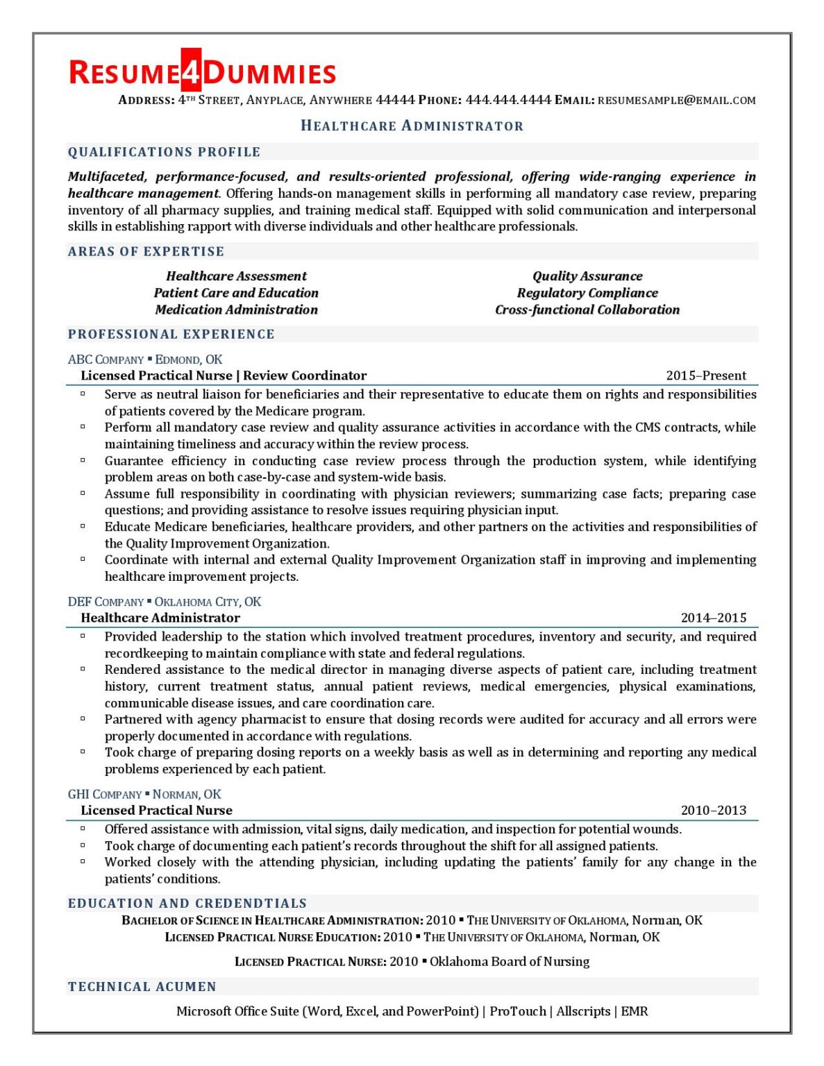 Healthcare Administrator Resume Example Resume4Dummies