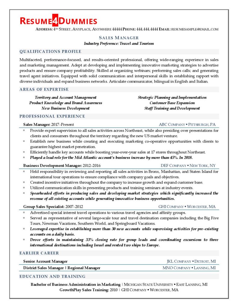 Sales Manager Resume Example Resume4Dummies