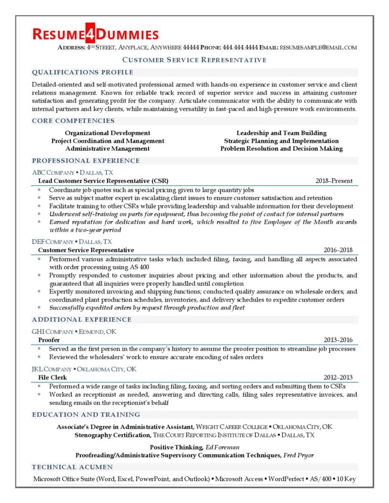 Customer Service Representative Resume Example Resume4Dummies