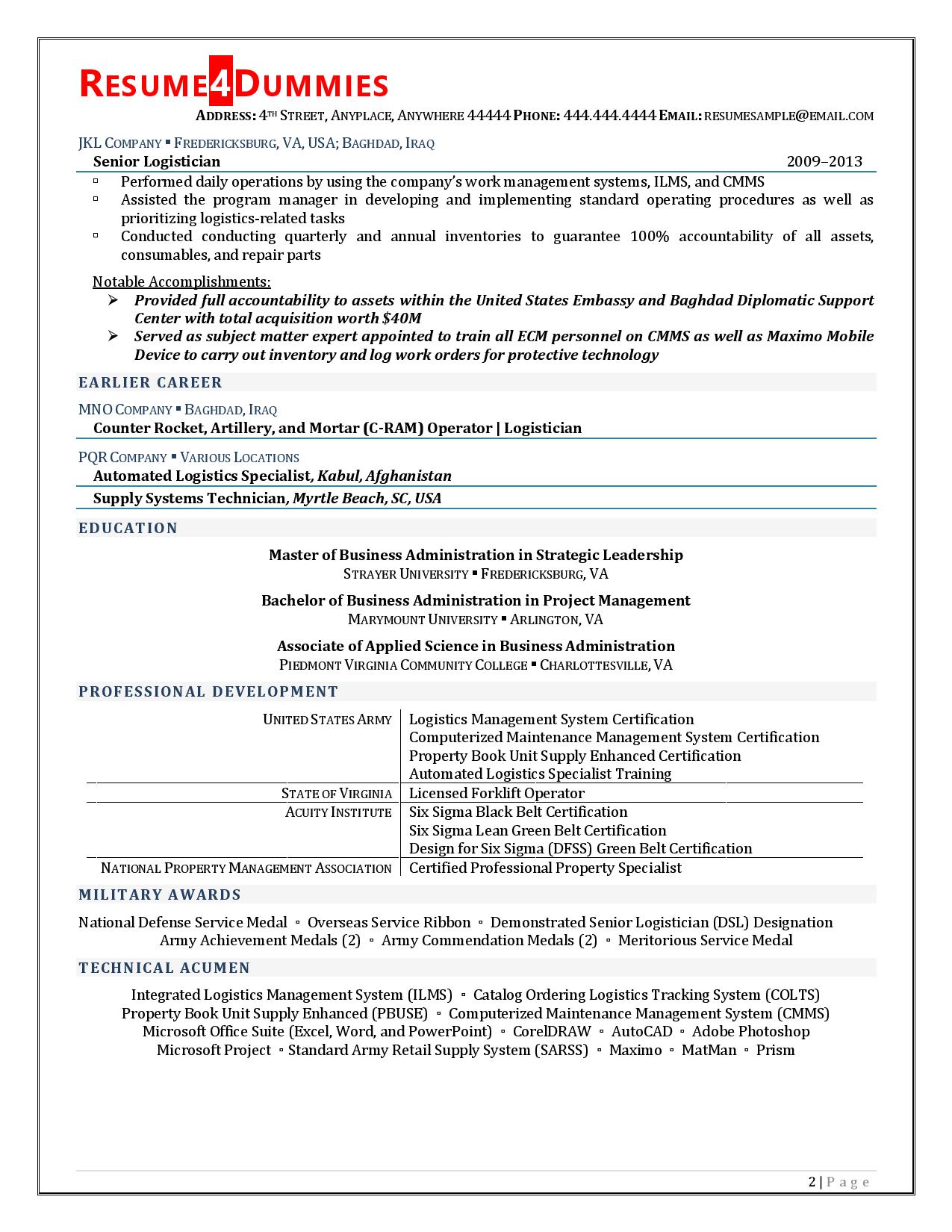 Logistics Manager Resume Examples 02 Resume4Dummies