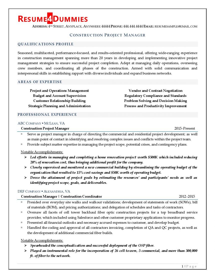 Construction Project Manager Resume Resume4dummies