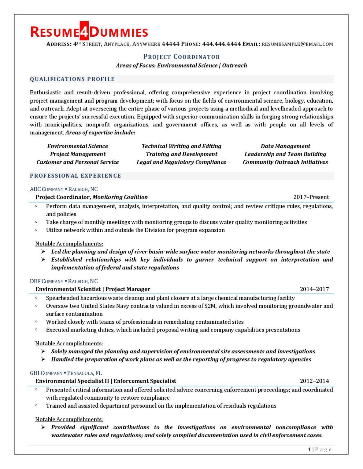 Project Coordinator Resume Example Resume4Dummies