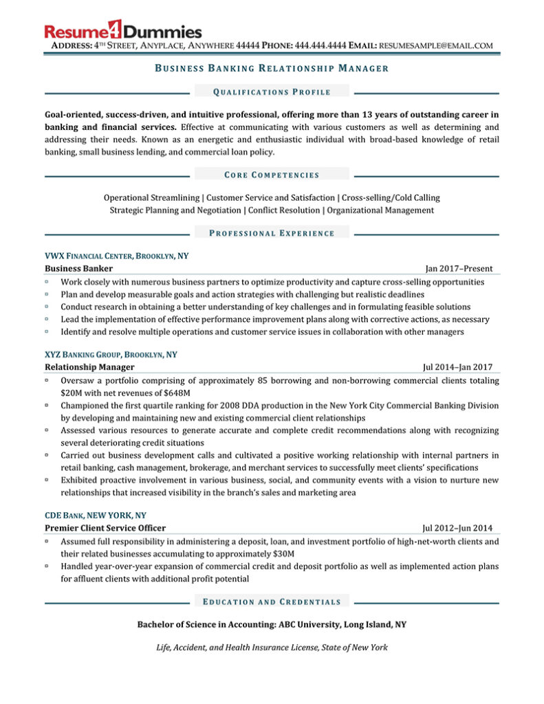 Business Banking Relationship Manager Resume Example Resume4Dummies