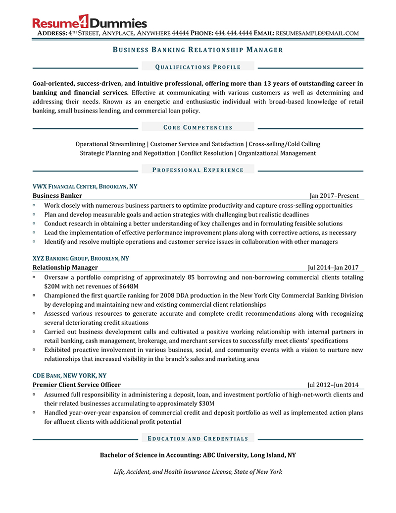 Business Banking Relationship Manager Resume Example 1 Resume4Dummies