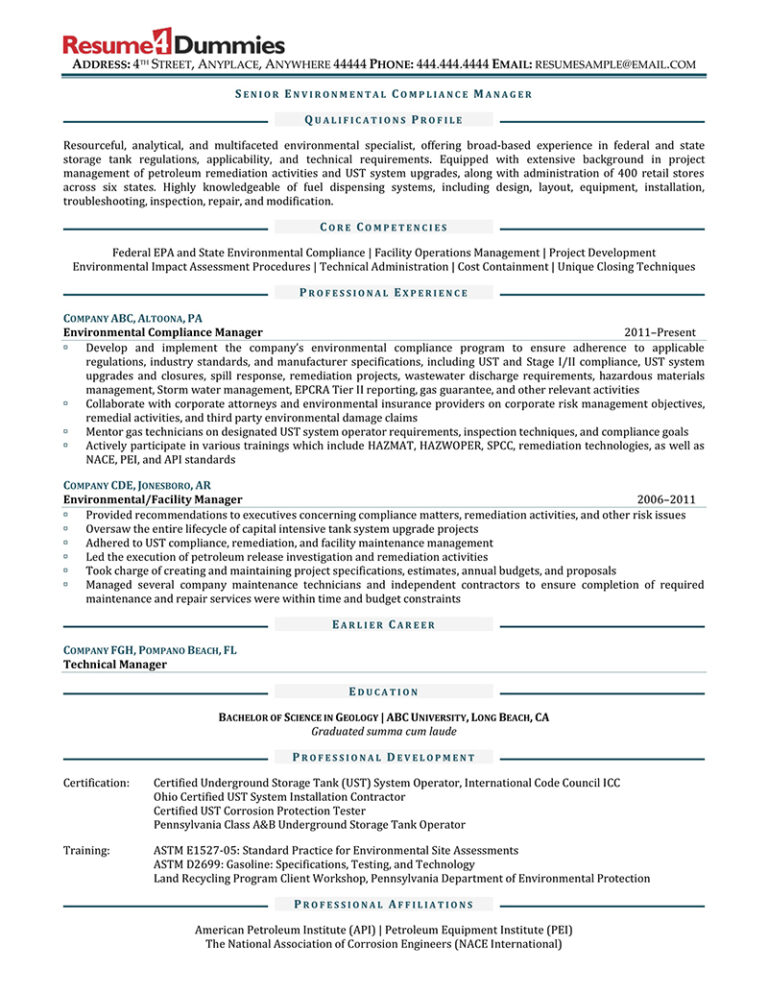 Senior Environmental Compliance Manager Resume Sample | Resume4Dummies