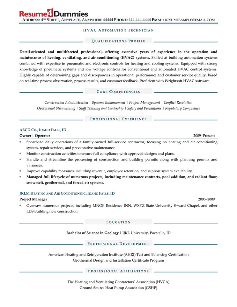 HVAC Automation Technician Resume Examples | Best Resume Sample