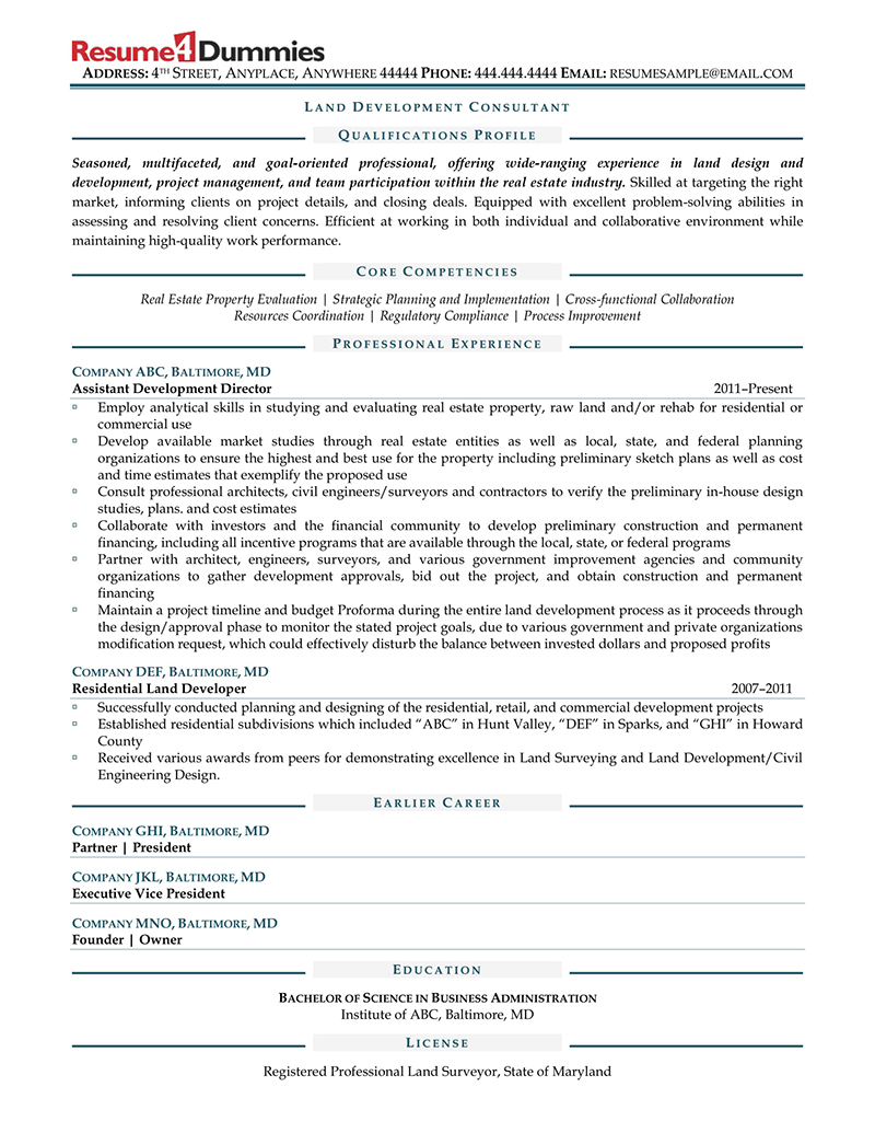 Land Development Consultant Resume Example | Resume4Dummies