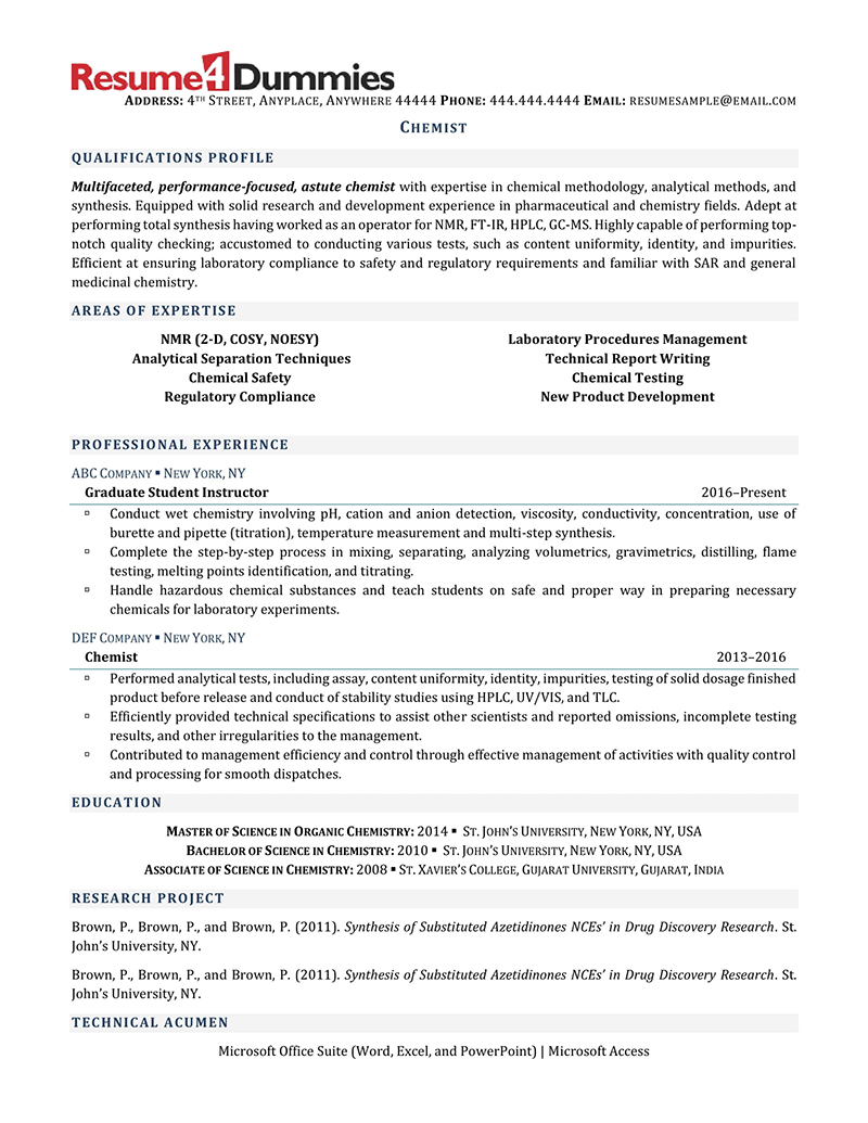 Chemist Resume Example Resume4dummies 