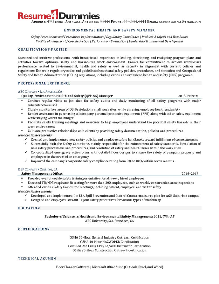 Environmental Health and Safety Manager Resume Example | Resume4Dummies