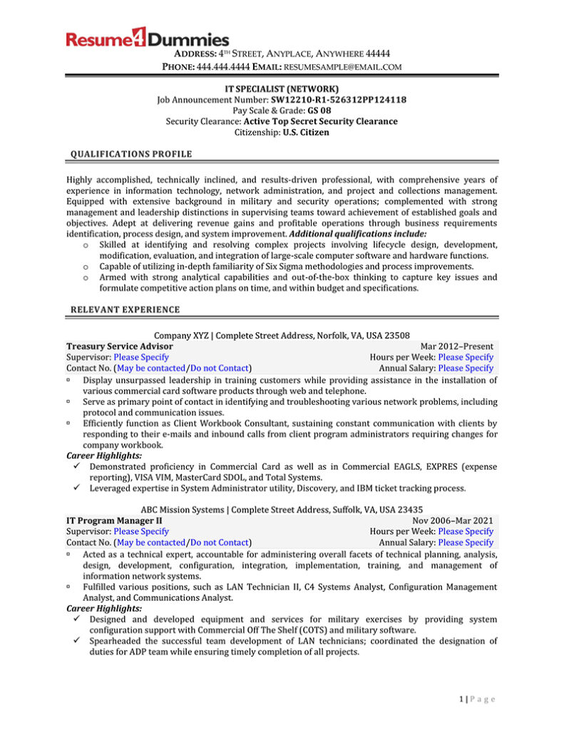 Federal Government IT Specialist Resume Example Resume4Dummies