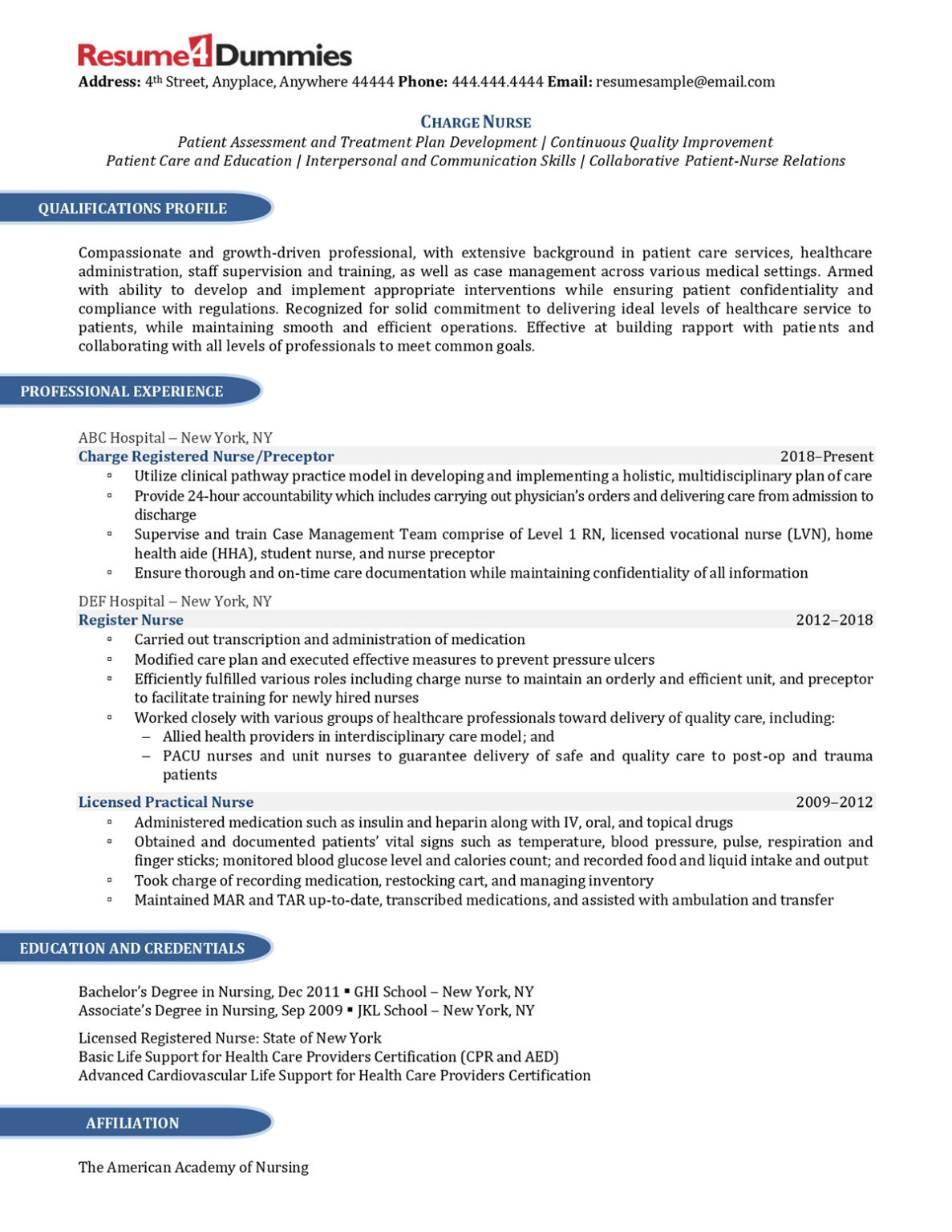 Charge Nurse Resume Example Resume4dummies 4211