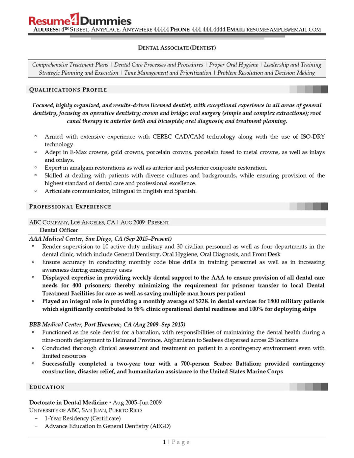 Dentist Resume Example 