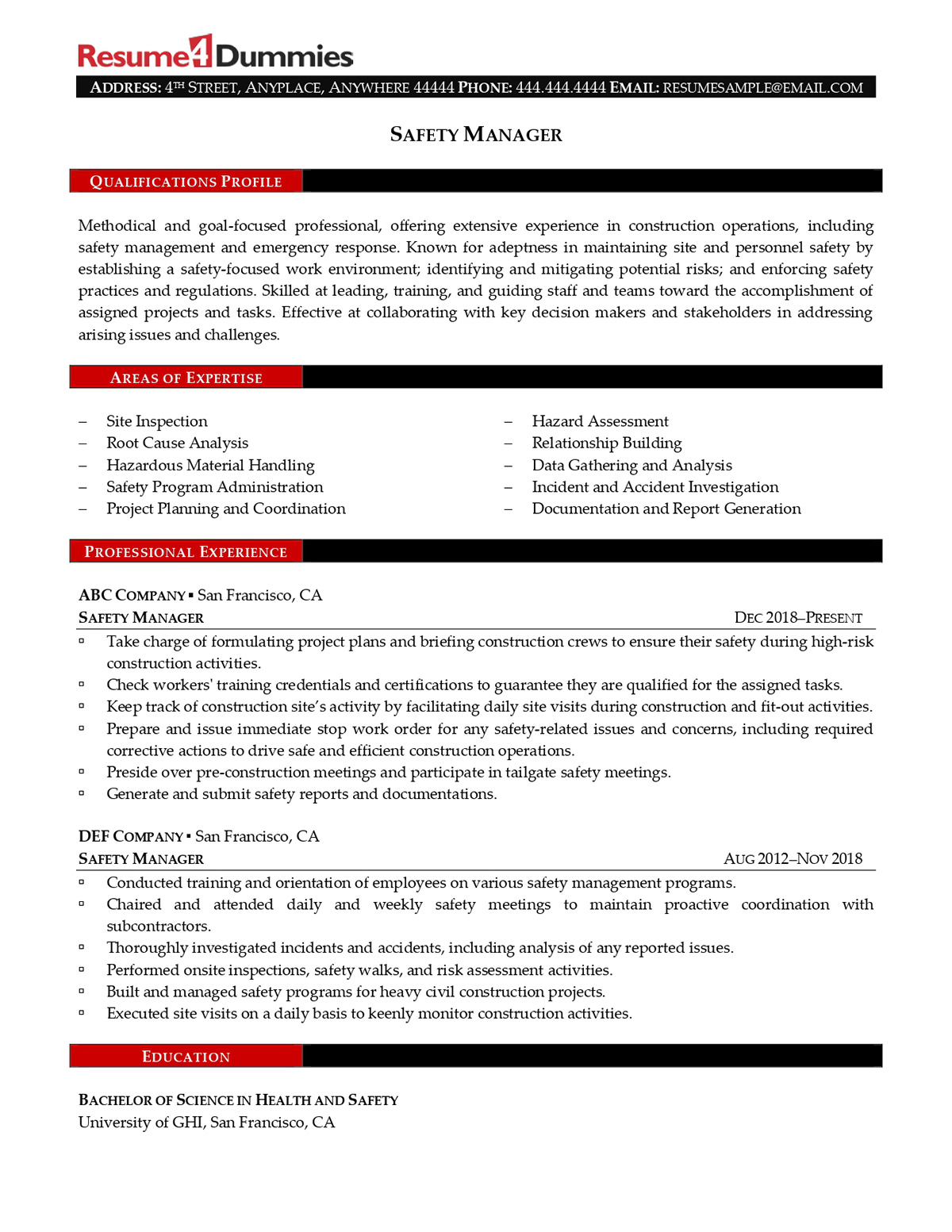 Safety Manager Resume Example Resume4Dummies