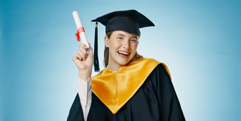 Graduation, success and woman with certificate in studio portrait for study achievement, news or ed