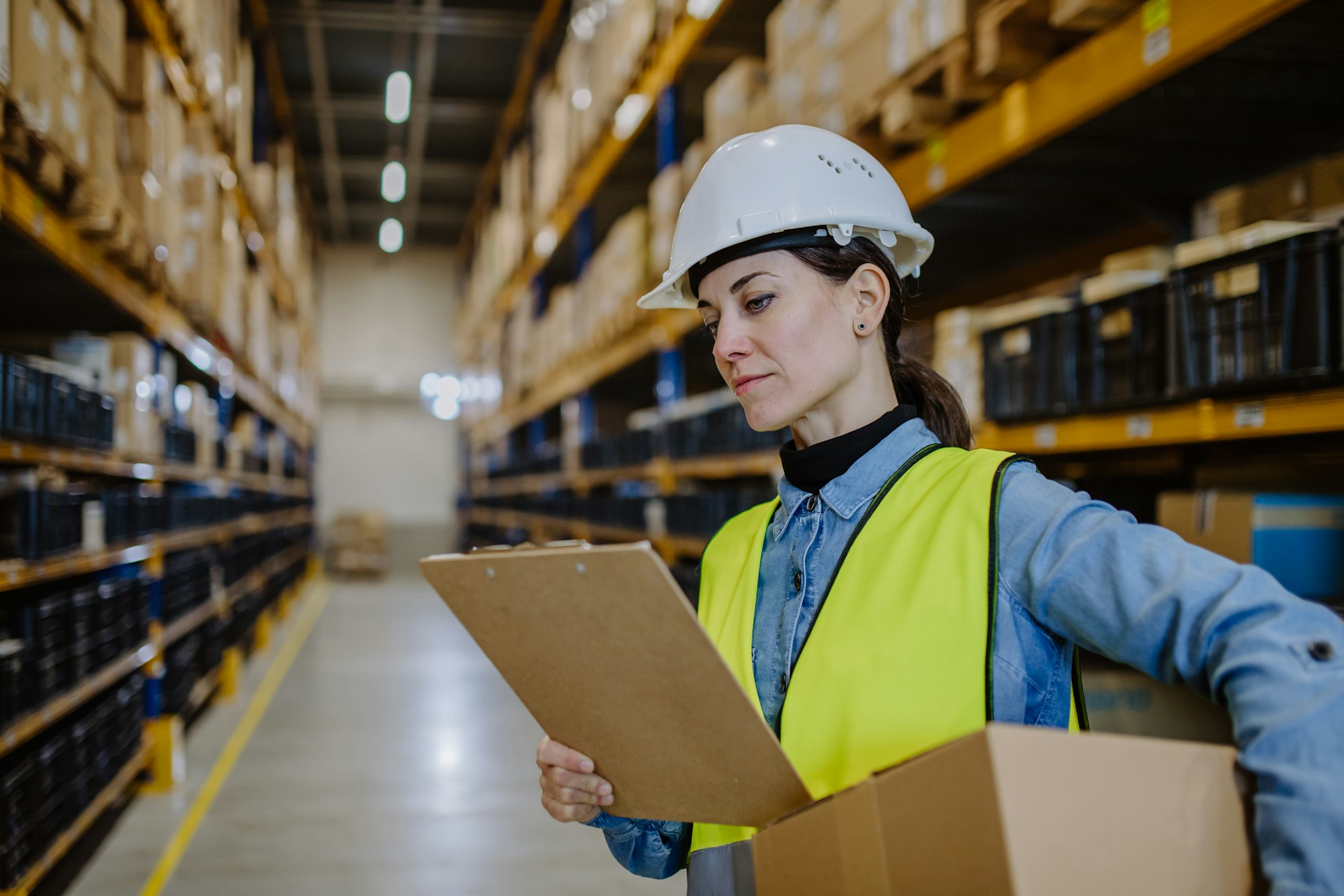 Warehouse female worker checking up stuff in a warehouse.